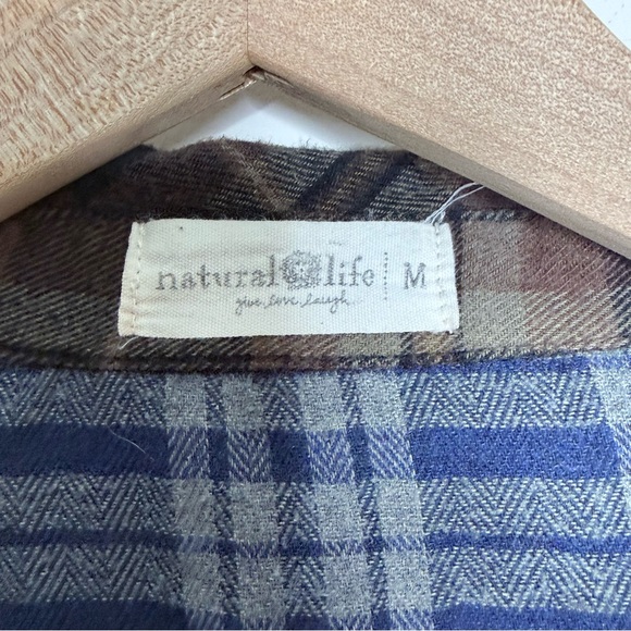 Natural Life Colorblock Plaid Flannel Button Up Fringed Shirt Medium Cozy Boho - Picture 7 of 8
